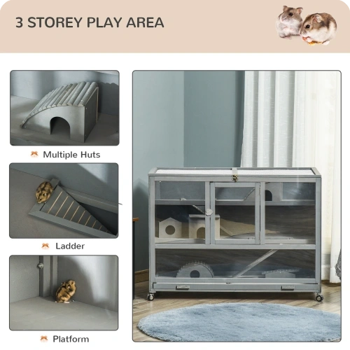 3-Storey Hamster Cage with Huts, Ladder & Rolling Base - Image 3
