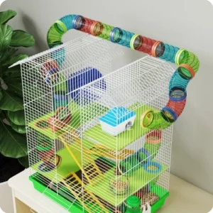 Large Multi-Level Hamster Cage with Colorful Tube Tunnel & Accessories – 23.25”H Small Animal Habitat for Dwarf/Syrian Hamsters, Gerbils